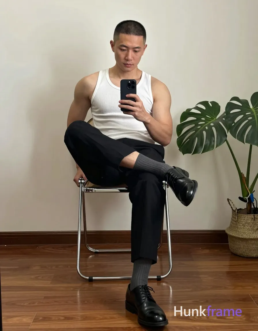 Asian man with short buzz cut and light-medium skin sits on a metal-framed chair, right leg crossed over left knee, torso leaning forward holding smartphone at chest level. He wears a white ribbed tank top covering broad shoulders and defined pectorals, black tailored trousers ending mid-calf, grey pinstriped crew socks, and black leather lace-up dress shoes. Indoor room with light-colored walls and polished wooden floor; large potted monstera plant in woven basket to right. Soft directional indoor lighting from front-left casts subtle shadows on wall behind subject. Clean composition with negative space on right side, full-body shot head to mid-shin, vertical portrait orientation., a single uninterrupted photograph only, no written words or typography anywhere in frame, no captions, no app UI, no social-media post layout, no screenshot borders