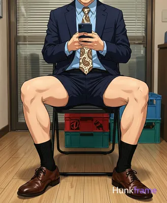 Waist-down anime style shot of an adult man seated on a black folding chair, legs spread wide with k