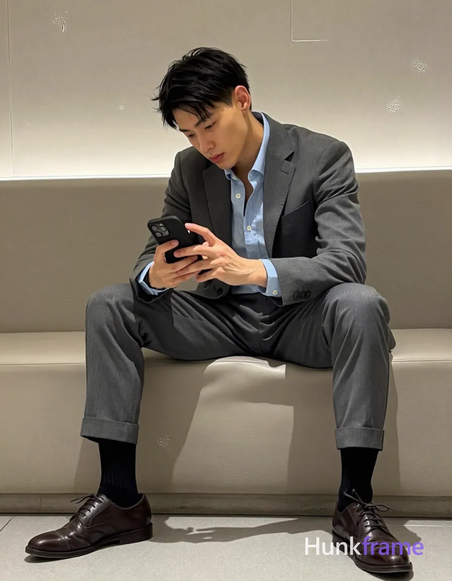 Asian man with short black textured hair and clean-shaven face, seated sideways on a beige upholstered bench in modern interior; He wears grey single-breasted suit jacket over light blue button-down shirt with top two buttons undone, matching rolled-cuff trousers, black crew socks, dark brown leather dress shoes; Holding black smartphone with both hands at chest level, looking down at screen while torso leans slightly toward camera; Soft ambient indoor lighting illuminates clean lines and minimalist decor; Vertical portrait composition capturing full-body shot from head to shoes, shot on iPhone 15 Pro main camera, authentic smartphone computational photography, natural Smart HDR and true-to-life skin texture, vertical 9:16 Xiaohongshu lifestyle feed, bright clean everyday scene, unretouched phone photo with subtle sensor grain, trendy Chinese internet 网红 aesthetic, candid influencer energy, phone held naturally in one hand for selfie, phone visible in frame; single clean uninterrupted photograph with a cohesive editorial composition and plain continuous surrounding surfaces