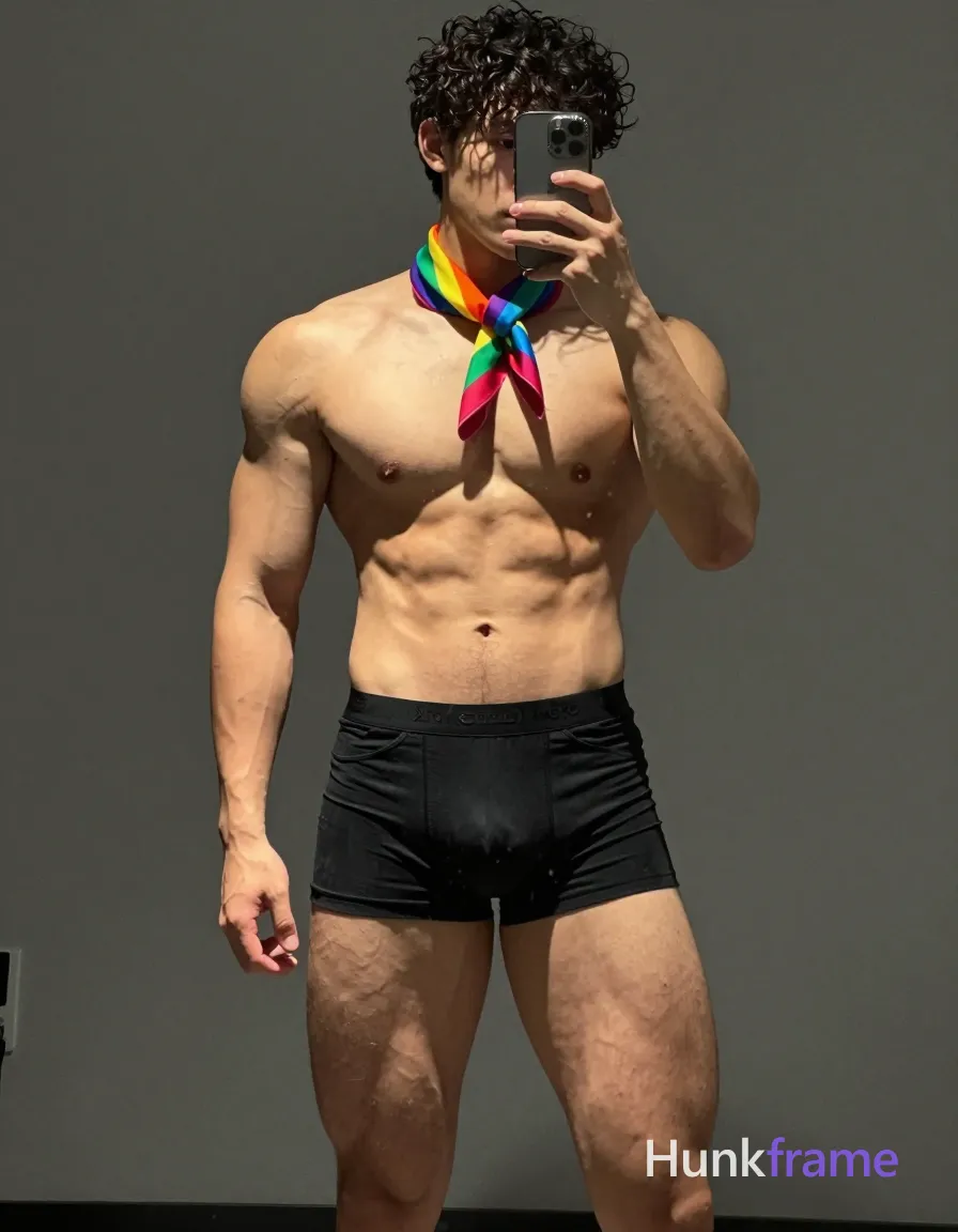 an anonymous figure man with warm olive skin, curly dark hair, and a compact athletic torso standing shirtless in soft lighting against a muted gray background. He wears a colorful rainbow scarf around his neck. The subject's well-defined abs and thick muscular thighs are highlighted by the dramatic lighting. Soft shadows add depth to the image while maintaining an editorial photography tone
