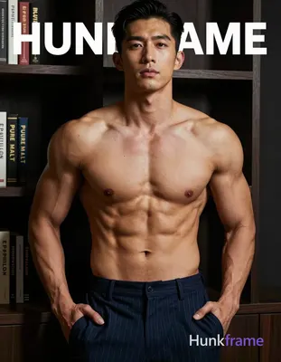 Asian man with short black hair styled back, clean-shaven face, neutral direct gaze standing center-