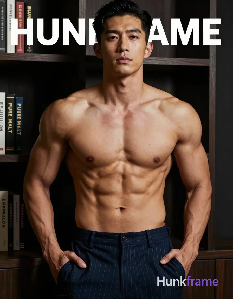 Asian man with short black hair styled back, clean-shaven face, neutral direct gaze standing center-left. Shirtless bare torso revealing highly muscular chest and abs, defined pectorals, six-pack abs, visible vascularity on arms against dark blue pinstriped trousers. Hands deep in trouser pockets creating a teasing relaxed pose. Indoor studio setting with dark bookshelf background featuring spines 'PURE MALT' and 'E PAPILLON'. Dramatic directional lighting from front-right casts high-contrast highlights on tanned skin and sculpted muscles, warm tans mixed with deep blues. Fine-art photography aesthetic, waist-up portrait crop to mid-thigh, premium masculine editorial mood. Include exactly one visible wordmark, spelled exactly "HUNKFRAME", in the same compositional text position; preserve its appropriate typography and scale. No other visible text, logo, caption, username, hashtag, comment, watermark, or UI chrome., a single uninterrupted photograph only, no written words or typography anywhere in frame, no captions, no app UI, no social-media post layout, no screenshot borders
