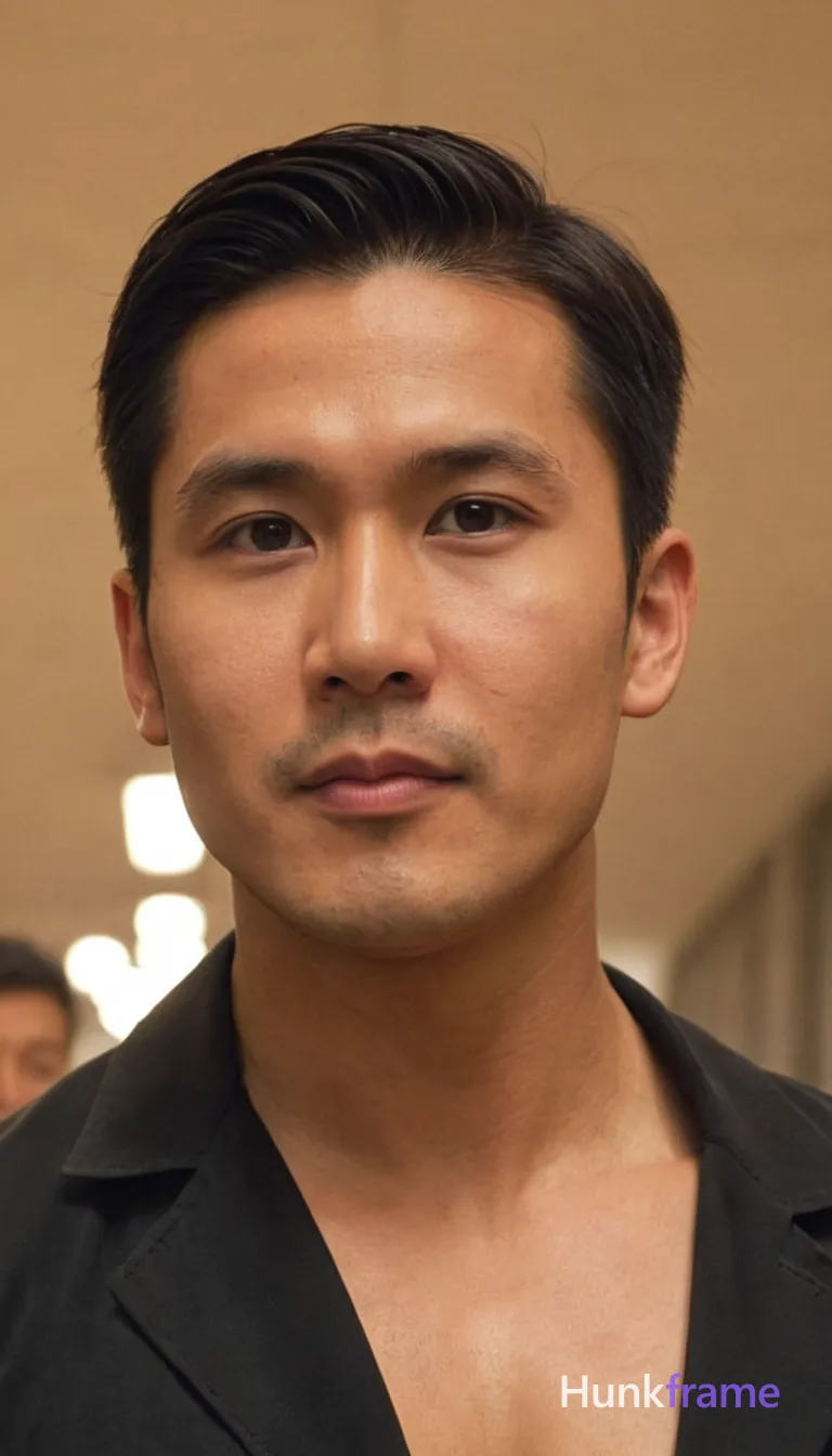 Asian male with short dark hair styled upwards, broad shoulders and defined abs. He is shirtless with an open black jacket draped over his shoulders. The image shows a torso-only crop in a vertical portrait orientation (14:25 aspect ratio), capturing him standing with his head slightly tilted upward, looking off into the distance. Soft warm lighting from streetlights contrasts with cool blue hues in the background, creating an urban evening atmosphere. Muted color palette of black and gray dominates the scene. The picture is sharp with a slight bokeh effect in the background