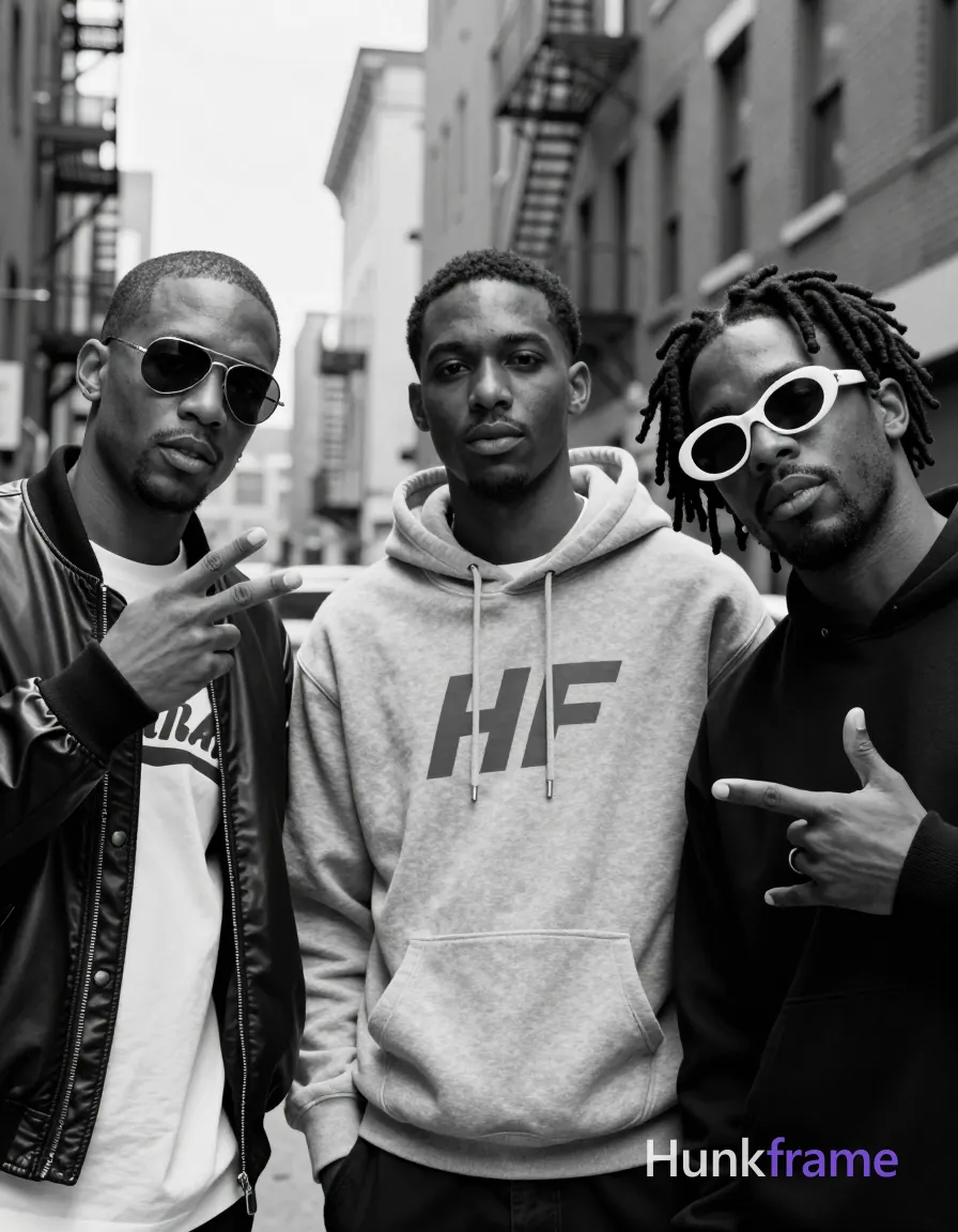 Three adult Black men in high-contrast black-and-white fashion editorial photography, grainy film aesthetic with documentary realism; Left third: man with buzz cut and dark-lensed aviator sunglasses gesturing near mouth, wearing white graphic tee under open leather bomber jacket sleeves pushed to elbows; Center: clean-shaven square-jawed figure facing camera directly in light gray 'HF' hoodie; Right: oval-faced man with short dreadlocks and white-rimmed oval sunglasses leaning into frame with hand at chest; Urban NYC street scene, brick buildings, fire escapes, overcast natural daylight casting soft shadows; Cool urban mood, confident poses, high-contrast monochrome palette, partially cropped left edge composition; Adult man 1 visibly wears dark-lensed aviator-style sunglasses with thin metal frames worn on face on his face; preserve the exact frame shape, rim style, color, material, and lens tint; Adult man 3 visibly wears white-rimmed oval sunglasses with dark lenses worn on face on his face; FULL GARMENT TEXT REPLACEMENT: remove every source garment word, sentence, slogan, logo, and partial brand spelling from every existing print area; single clean uninterrupted photograph with a cohesive editorial composition and plain continuous surrounding surfaces