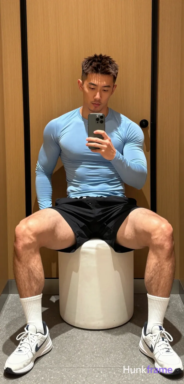 Asian man with light to medium tan skin and short dark brown hair featuring textured top and faded sides, clean-shaven chin with light upper lip stubble; He sits on a white cylindrical stool in an indoor dressing room, legs spread apart, torso upright leaning forward toward a tall narrow black-framed mirror reflection against wooden paneling; Wearing a snug light blue long-sleeve compression shirt highlighting defined pectorals and abdominal muscles, black athletic shorts ending mid-thigh revealing full leg length including thick thighs and well-defined calves, white crew socks pulled to mid-calf height on both feet, white athletic sneakers with dark laces holding the phone at chest level; Warm ambient lighting emphasizes rugged confidence and dense body hair texture visible on legs while even illumination highlights muscle structure without harsh contrast; Clean composition centered within mirror frame showing full-body reflection; natural skin tones with slight compression fabric sheen, shot on iPhone 15 Pro main camera, authentic smartphone computational photography, natural Smart HDR, vertical 9:16 Xiaohongshu lifestyle post, bright; single clean uninterrupted photograph with a cohesive editorial composition and plain continuous surrounding surfaces