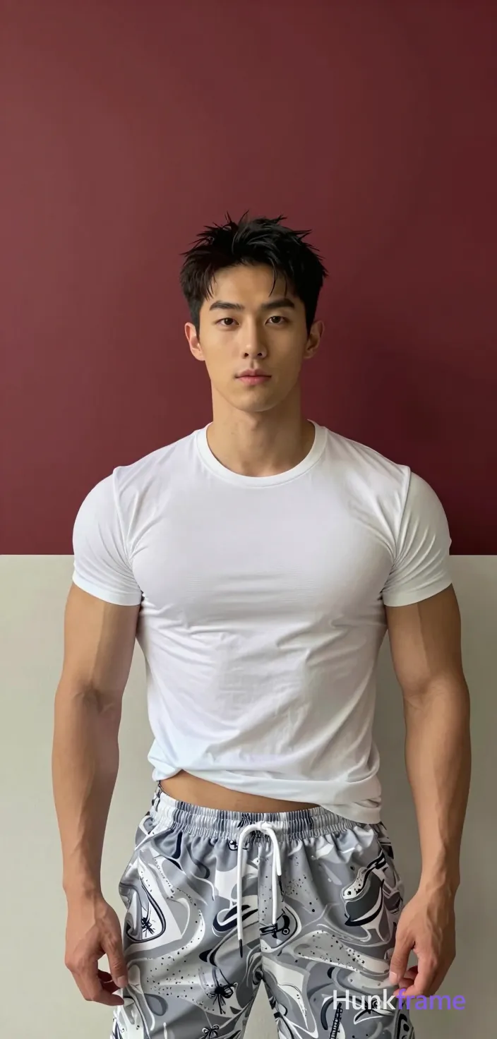 Asian man with short dark hair parted left and clean-shaven face stands center-left in a vertical portrait shot; He wears a fitted white crew-neck t-shirt being pulled down by both hands to expose lower abdomen and hips, paired with grey-and-white abstract-patterned athletic shorts; Broad shoulders, defined pectorals, and toned arms display rugged warm confidence under even frontal illumination against a two-toned wall of upper maroon-red and lower off-white; Naturalistic photography captures realistic skin texture on the meaty chest build in an indoor corridor setting, same aesthetic theme and photo feel as the reference but a different man in a different pose with distinct body proportions, lean Korean man, sharp jaw, monolid eyes, slim swimmer build, natural black hair; single clean uninterrupted photograph with a cohesive editorial composition and plain continuous surrounding surfaces