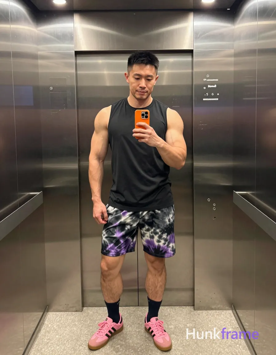 Asian man with medium-dark skin and short black straight hair stands in a full-body vertical mirror selfie within an elevator; He wears a black sleeveless tank top covering his torso completely, patterned tie-dye shorts in grey/purple/black, dark socks pulled up mid-calf on both legs, and pink Adidas sneakers with gum soles; His broad shoulders, defined pectorals, toned arms, and thick thighs possess rugged bear energy under overhead recessed lighting casting soft shadows against the reflective mirrored ceiling and back wall; He holds an orange smartphone at chest level in his left hand while his right arm relaxes by his side, capturing a neutral to slight smile with minimal body hair under warm confident mood, shot on iPhone 15 Pro main camera, authentic smartphone computational photography, natural Smart HDR, vertical 9:16 Xiaohongshu lifestyle post, bright clean gym or cafe scene, wardrobe matching reference outfit, confident everyday blogger pose, phone photo with natural grain, phone held naturally in one hand for selfie, phone visible in frame; single clean uninterrupted photograph with a cohesive editorial composition and plain continuous surrounding surfaces