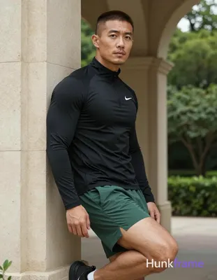 Asian man with medium-tan skin and short dark brown buzz cut, light stubble on jawline. Standing cas