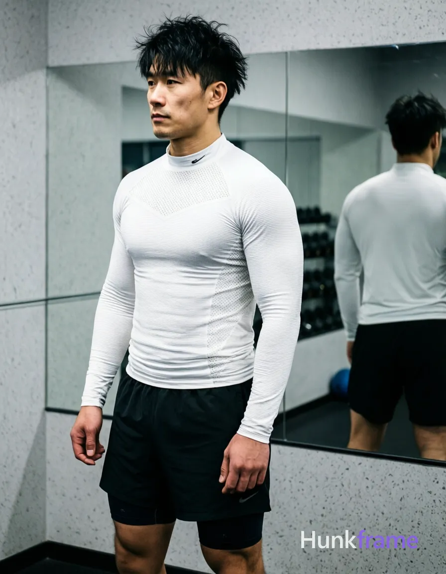 Asian man with short textured black hair styled upward at the crown, slightly messy front bangs falling over forehead, clean-shaven face with neutral to slightly serious gaze directed off-camera left; He stands in profile facing left, weight balanced on both legs with slight hip rotation toward camera, wearing a white long-sleeve compression-style athletic shirt with ribbed texture and subtle mesh paneling across chest, high collar with small logo near neck, black athletic shorts over black compression briefs or leggings visible at hem; Broad shoulders, defined pectorals, toned abdominal muscles, thick thighs fully clothed adult; Indoor gym setting with light gray speckled walls, horizontal paneling, reflective mirrored wall behind subject reflecting his back and upper torso; Soft directional lighting from front-left creating subtle shadows on right side of face and torso, even ambient fill minimizing harsh contrasts; Clean lines, high contrast between white top and dark shorts, textured fabric details emphasized by lighting; Portrait orientation 13:19 aspect ratio, centered full-body shot from mid-thigh up to head, fine-art; single clean uninterrupted photograph with a cohesive editorial composition and plain continuous surrounding surfaces