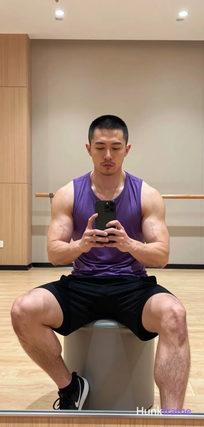 Asian man with short black buzz cut and light stubble sits centered in a gym mirror reflection on a cylindrical ottoman, right leg bent foot resting on left knee; He wears a tight purple sleeveless athletic tank top exposing chest hair and abdomen over broad shoulders and thick thighs, paired with mid-thigh black compression shorts; Holding a black smartphone with both hands to capture the view, thumbs poised for interaction under soft ambient indoor lighting from overhead fixtures against light wood paneling and beige walls; Slightly tilted angle portrait composition emphasizing defined pectorals and muscular calves in confident casual mood; single clean uninterrupted photograph with a cohesive editorial composition and plain continuous surrounding surfaces