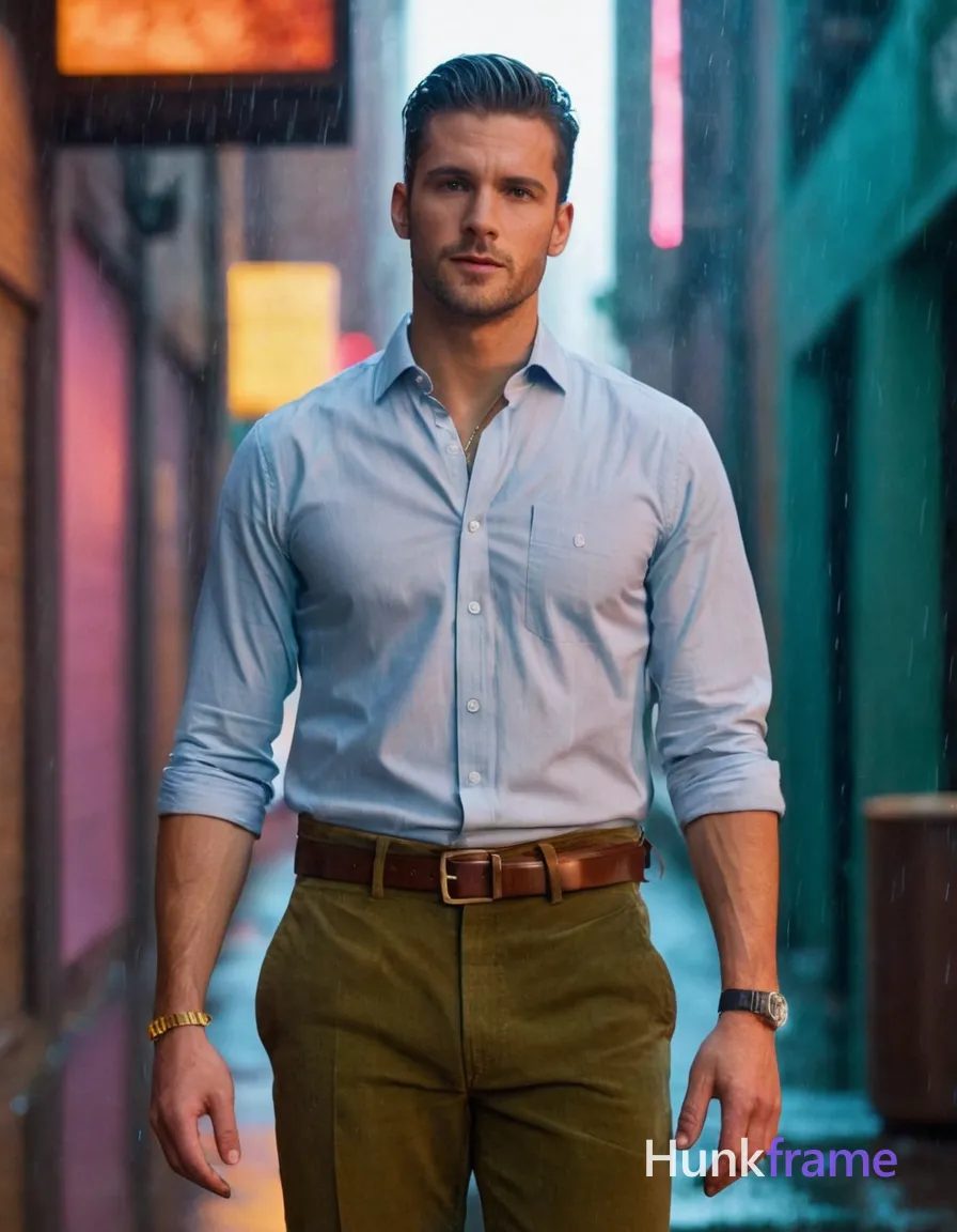 A shirtless man stands in a neon-lit alleyway of a cyberpunk metropolis, raindrops glistening on his skin. Holographic signs and advertisements flicker overhead, creating an aura of vibrant colors and dynamic shadows that reflect off the wet walls and pavement. The scene is bathed in soft window light from nearby buildings, highlighting his muscular form