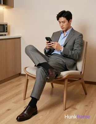 Adult man reclining on a modern lounge chair, legs crossed with right foot resti