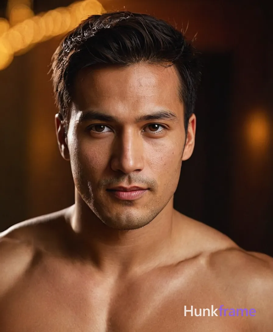 A close-up portrait of a handsome masculine man with a shirtless bare chest, head slightly tilted forward. Bright lighting and vibrant color palette featuring reds, yellows, and greens on his face against a dark background. The image is sharp and detailed, emphasizing the artistic and expressive mood. 4:5 aspect ratio, vertical portrait orientation, no additional clothing or accessories visible