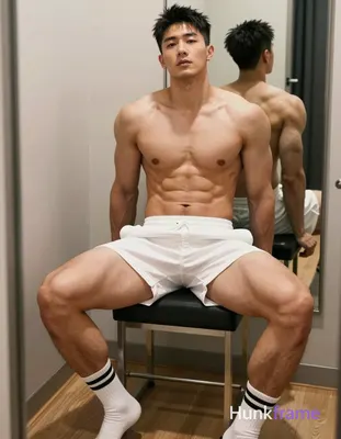 A handsome Asian man seated on a stool in front of a mirror, shirtless with whit