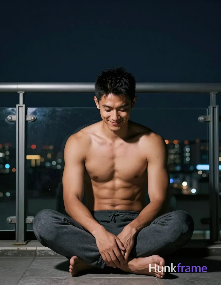 Full-bleed vertical phone wallpaper composition of an Asian man with tanned skin and short black textured hair seated cross-legged on a balcony ledge; Shirtless torso reveals broad shoulders, defined pectorals, visible abdominal definition, thick thighs in loose dark gray sweatpants; Soft contemplative smile with head tilted downward against night city skyline background through glass railing; Clean negative space at top, dramatic contrast between subject and deep shadows; single clean uninterrupted photograph with a cohesive editorial composition and plain continuous surrounding surfaces