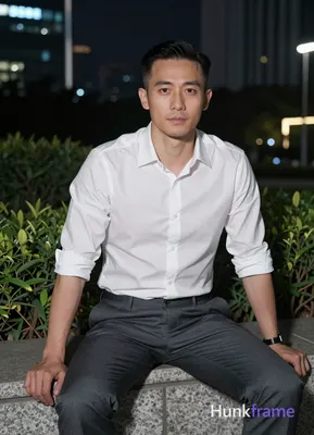 Photograph of exactly 1 adult man. Man 1: Asian, light-medium, oval with defined