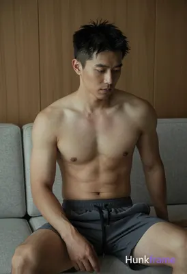 Photograph of exactly 1 adult man. Man 1: Asian, light to medium tan, oval with defined jawline, sho