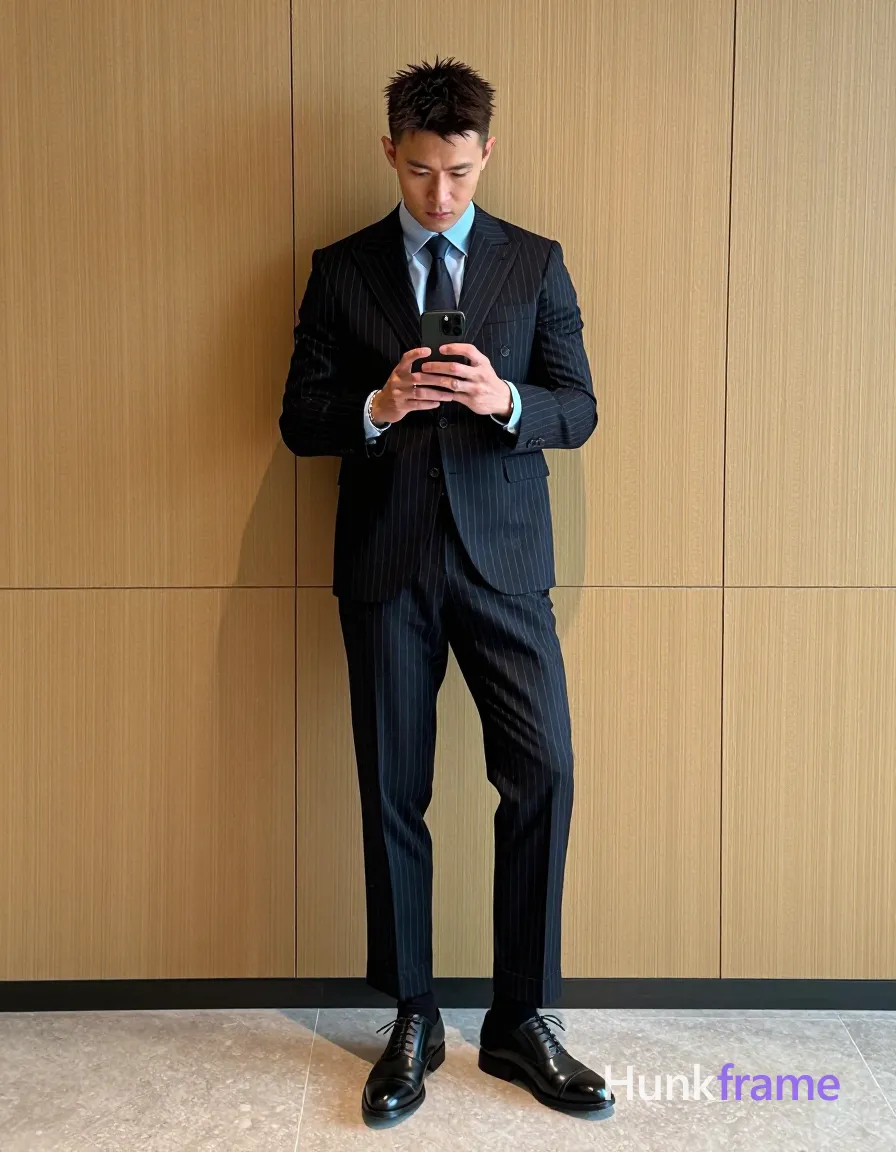 Asian man with light to medium tan skin and short textured dark hair, clean-shaven face wearing a focused intense gaze at phone screen; Standing casually in modern apartment holding smartphone in both hands thumbs operating ring visible index finger silver bracelet left wrist; Fully clothed lean build adult wearing dark pinstripe suit jacket navy charcoal thin white vertical stripes matching trousers light blue dress shirt collar buttoned neck dark tie black knotted throat black socks pulled up mid-calf black leather oxford shoes laces; Vertical portrait orientation 832x1216 canvas candid iPhone selfie energy real lifestyle scene trendy influencer vibe warm wood tones neutral backdrop, shot on iPhone 15 Pro main camera, authentic smartphone computational photography, natural Smart HDR, vertical 9:16 Xiaohongshu lifestyle post, bright clean gym or cafe scene, wardrobe matching reference outfit, confident everyday blogger pose, phone photo with natural grain, phone held naturally in one hand for selfie, phone visible in frame; single clean uninterrupted photograph with a cohesive editorial composition and plain continuous surrounding surfaces