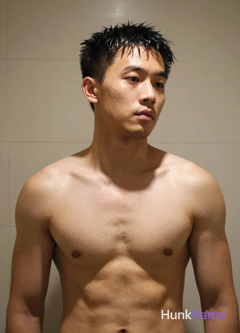 Asian man with tanned skin stands shirtless in an indoor bathroom, torso angled right and head turned left; Short black hair is slightly wet or glistening with textured definition; face is clean-shaven with a neutral to pensive gaze directed at the camera; Broad shoulders frame defined pectorals, visible abs, and sculpted obliques under high contrast overhead artificial light creating specular highlights on wet skin; Close-up torso shot fills most of the vertical 13:19 portrait frame from chest up against beige tiled walls; single clean uninterrupted photograph with a cohesive editorial composition and plain continuous surrounding surfaces