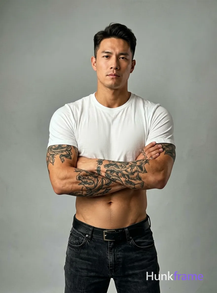 A handsome masculine man standing confidently with his arms crossed over his chest, torso slightly leaned forward, emphasizing his muscular physique. He wears a white graphic t-shirt with text on the front and dark jeans secured by a belt. His midsection and abs are bare, revealing tattoos on both arms and one on his lower abdomen. The setting is a studio environment with soft lighting that highlights the subject's features without harsh shadows. The mood conveys confidence and strength, fitting well within masculine fine-art aesthetics. The composition focuses on showcasing his athletic build and tattoos in an artistic manner