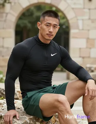 Asian man with medium-tan skin and short dark brown buzz cut, light stubble on j