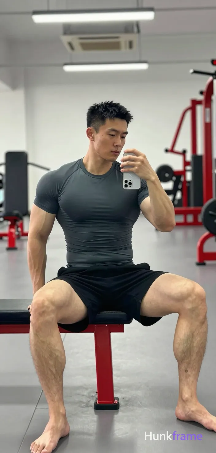 Asian man in Xiaohongshu lifestyle style seated sideways on a red gym bench with blue cushion; He wears dark grey tight-fitting short-sleeve compression shirt covering torso completely and black athletic shorts ending mid-thigh, fully clothed adult; Broad shoulders defined pectorals thick thighs muscular calves visible under bright overhead fluorescent lighting typical of commercial gyms; Portrait vertical crop showing full seated subject from head to feet center-left foreground legs angled toward camera right gym interior background, shot on iPhone 15 Pro main camera, authentic smartphone computational photography, natural Smart HDR, vertical 9:16 Xiaohongshu lifestyle post, bright clean gym or cafe scene, wardrobe matching reference outfit, confident everyday blogger pose, phone photo with natural grain, phone held naturally in one hand for selfie, phone visible in frame; single clean uninterrupted photograph with a cohesive editorial composition and plain continuous surrounding surfaces