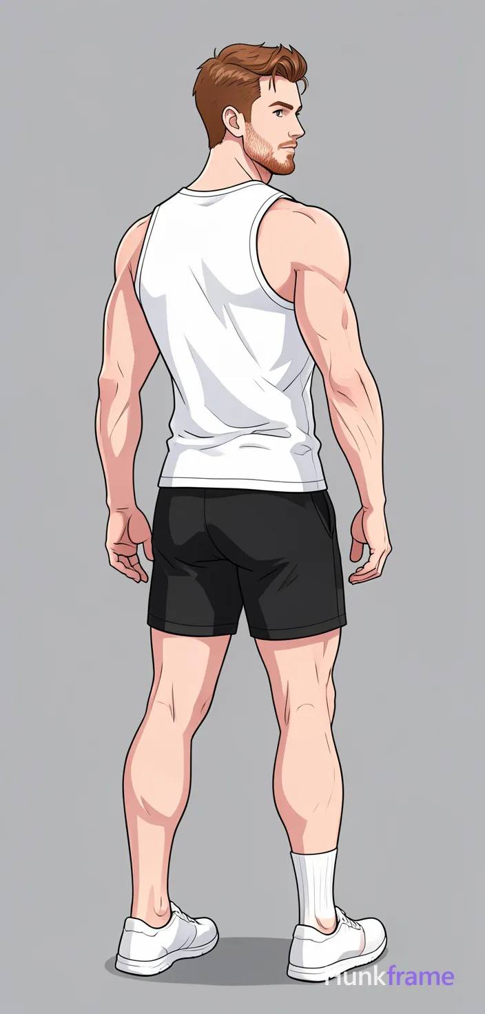 freshly generated candid Xiaohongshu lifestyle photo, brand new full-body composition with a different pose, camera angle and background, both hands relaxed, not a mirror selfie, not a copy of any reference image, white sleeveless tank top (fully covering torso), black athletic shorts ending mid-thigh, broad shoulders, defined pectorals, thick thighs, muscular calves, authentic social-feed lifestyle mood, reference lighting and color treatment: anime illustration style, soft studio lighting on plain gray background, clean lines and smooth shading with stylized muscular anatomy, same aesthetic theme and photo feel as the reference but a different man in a different pose with distinct body proportions, Irish man, pale with red undertone skin, copper stubble, lean rugby build, standing facing away three-quarter turn, different shoulder line, same coastal palette category, a single uninterrupted photograph only, no written words or typography anywhere in frame, no captions, no app UI, no social-media post layout, no screenshot borders