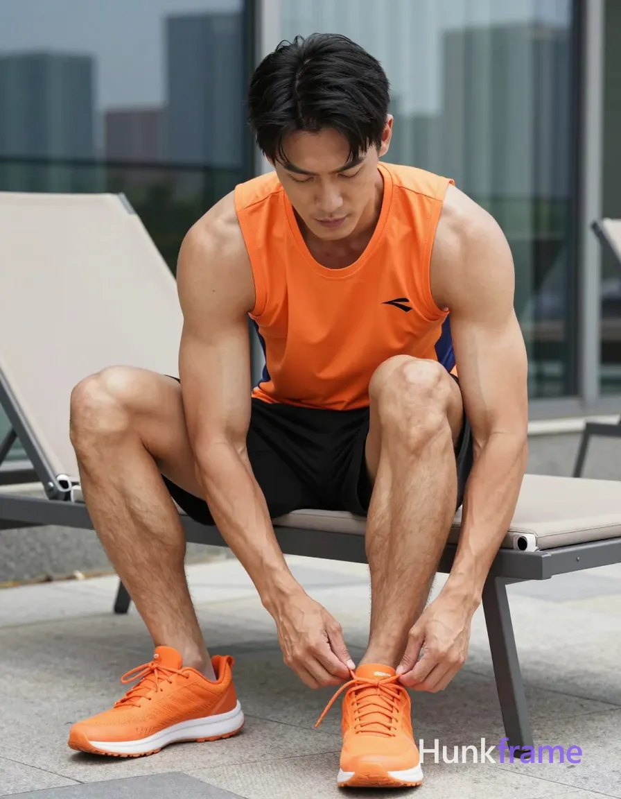 An athletic Asian man with medium-tan skin and short black straight side-parted hair sits on a beige lounge chair outdoors, leaning forward to tie orange shoelaces; He wears an orange sleeveless top with navy side panels and small chest logo over bare defined pectorals and abdomen, paired with black mid-thigh shorts; His right leg is planted while the left foot lifts slightly off the paved stone floor as he focuses on his laces; Bright natural daylight from above-left highlights sculpted thick thighs and broad shoulders against a shallow depth of field blurring city skyline reflections in glass windows behind him; single clean uninterrupted photograph with a cohesive editorial composition and plain continuous surrounding surfaces