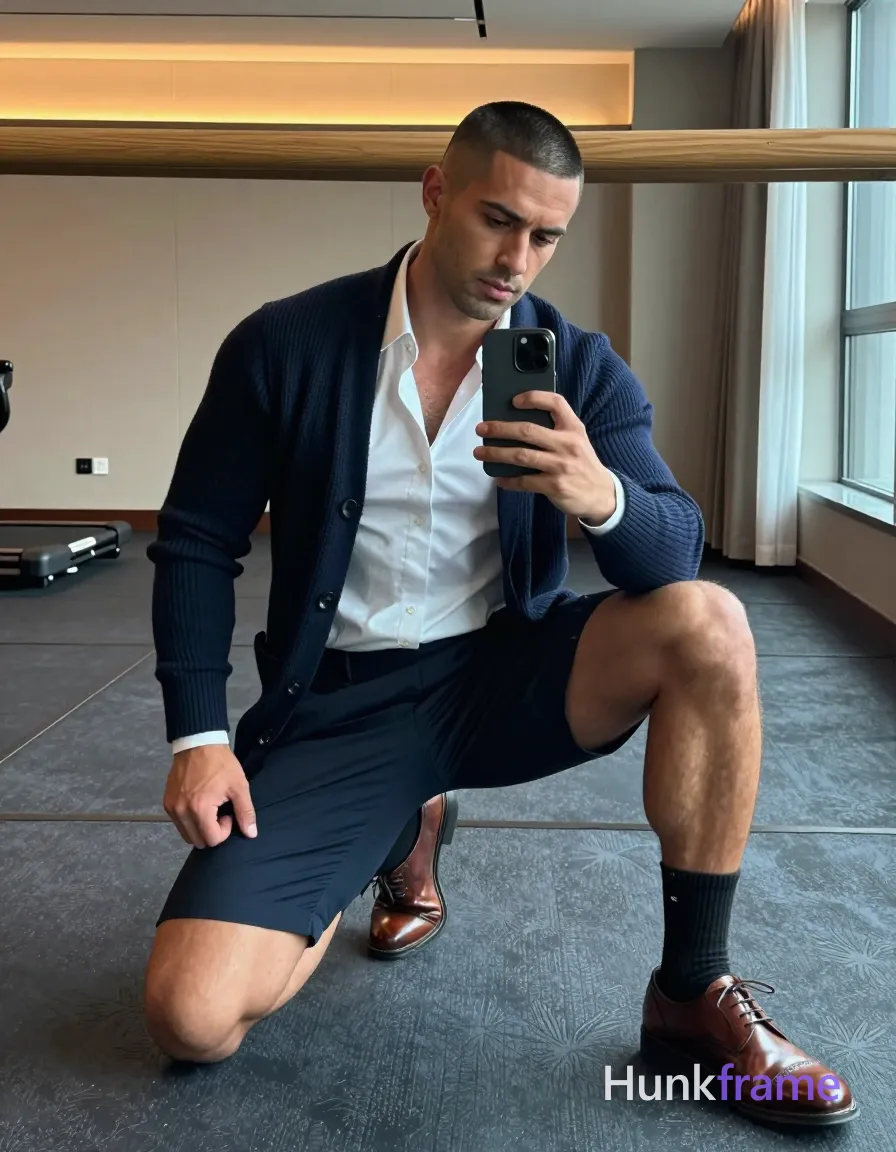 A handsome adult man with medium-brown skin and a black buzz cut kneels on blue-gray patterned carpet in a luxury hotel gym, holding a black smartphone for an intimate mirror selfie; He wears a dark navy ribbed cardigan open over a white button-down shirt with the top two buttons undone exposing collarbones, matching tailored trousers, black crew-socks to mid-calf, and brown leather lace-up dress shoes; His torso twists slightly beneath a horizontal wooden beam structure while warm overhead glow casts soft shadows against cool daylight from the right window; The composition captures thick thighs, broad shoulders, and defined calves in an artistic partial nude aesthetic with confident, stylish mood, same aesthetic theme and photo feel as the reference but a different man in a different pose with distinct body proportions, Turkish man, olive skin, aquiline nose, lean hairy chest editorial look; single clean uninterrupted photograph with a cohesive editorial composition and plain continuous surrounding surfaces