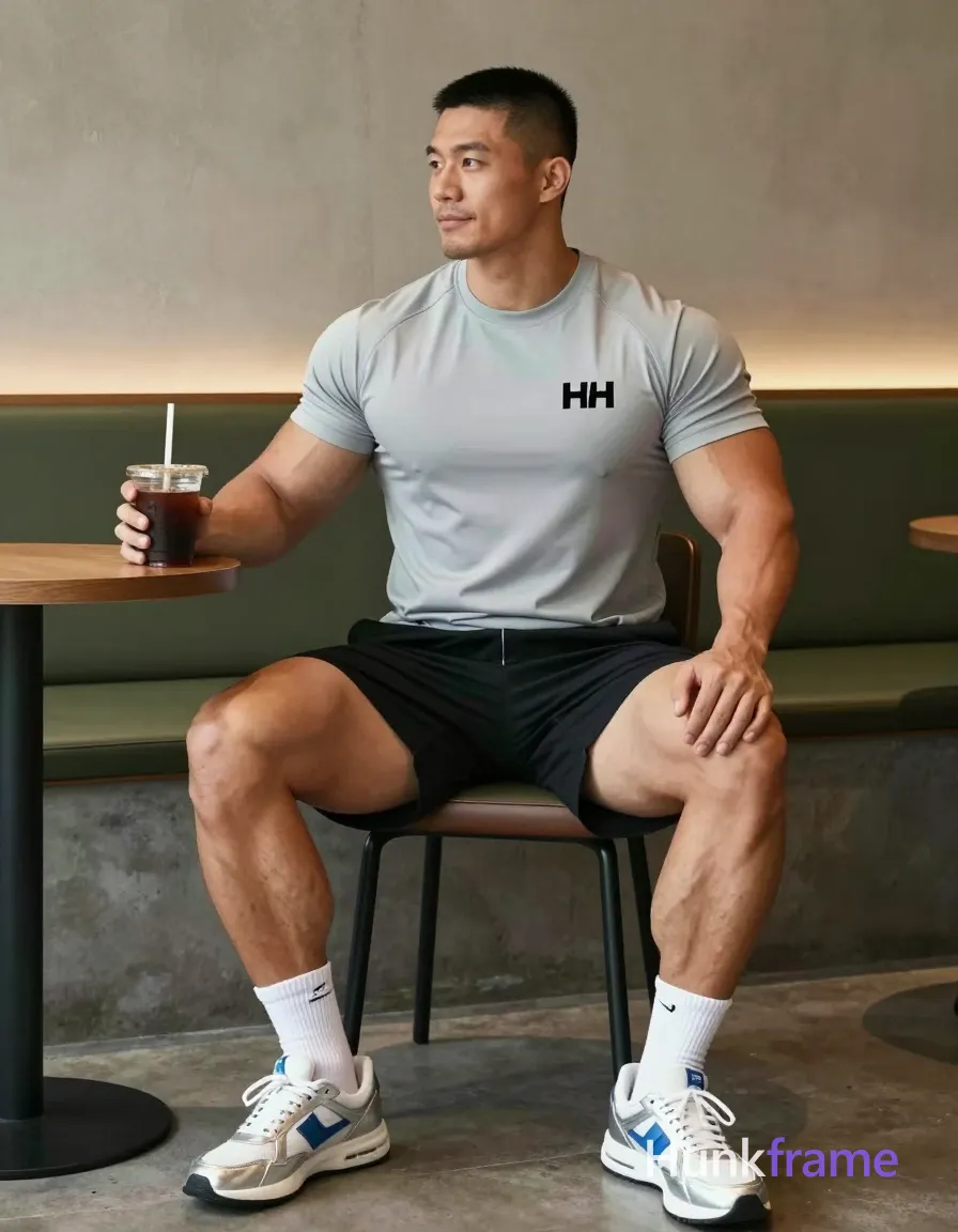 an anonymous figure man light medium tan skin short black buzz cut faded sides clean shaven neutral slight smile seated sideways on black chair right leg bent foot flat left leg extended forward slightly elevated holding clear plastic cup dark iced beverage straw right hand body angled toward camera wearing light gray short-sleeve t-shirt graphic print chest HH logo left sleeve black athletic shorts mid-thigh white socks silver-blue sneakers broad shoulders defined pectorals thick thighs toned calves modern café concrete flooring greenery background soft ambient indoor lighting sharp focus natural skin texture vertical portrait muscle bear aesthetic rugged warm confidence homoerotic sensuality; single clean uninterrupted photograph with a cohesive editorial composition and plain continuous surrounding surfaces