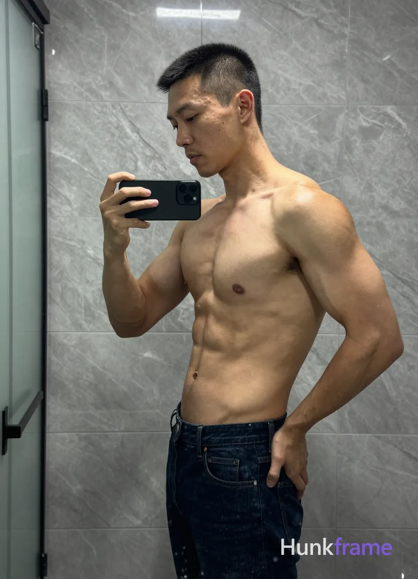 Asian man with short black buzz cut and clean-shaven face, standing sideways facing left in a high-resolution mirror selfie; He holds a black smartphone with both hands at chest level to capture the reflection while his right elbow flexes sharply showing bicep definition; left hand rests on hip; Shirtless adult male displays broad shoulders, defined lats, visible trapezius muscles, sculpted latissimus dorsi, and clear abdominal definition against light-medium skin tone with a rugged warm confidence; Wearing dark blue slim-fit jeans only; Setting is a bathroom interior with light gray marble-effect tiled walls and frosted glass shower door on the left edge of frame; Soft overhead artificial lighting creates subtle shadows along spine and shoulder blades; Cool grays from tiles contrast deep navy denim and natural skin tones in this muscle-bear vertical portrait composition emphasizing meaty chest; single clean uninterrupted photograph with a cohesive editorial composition and plain continuous surrounding surfaces
