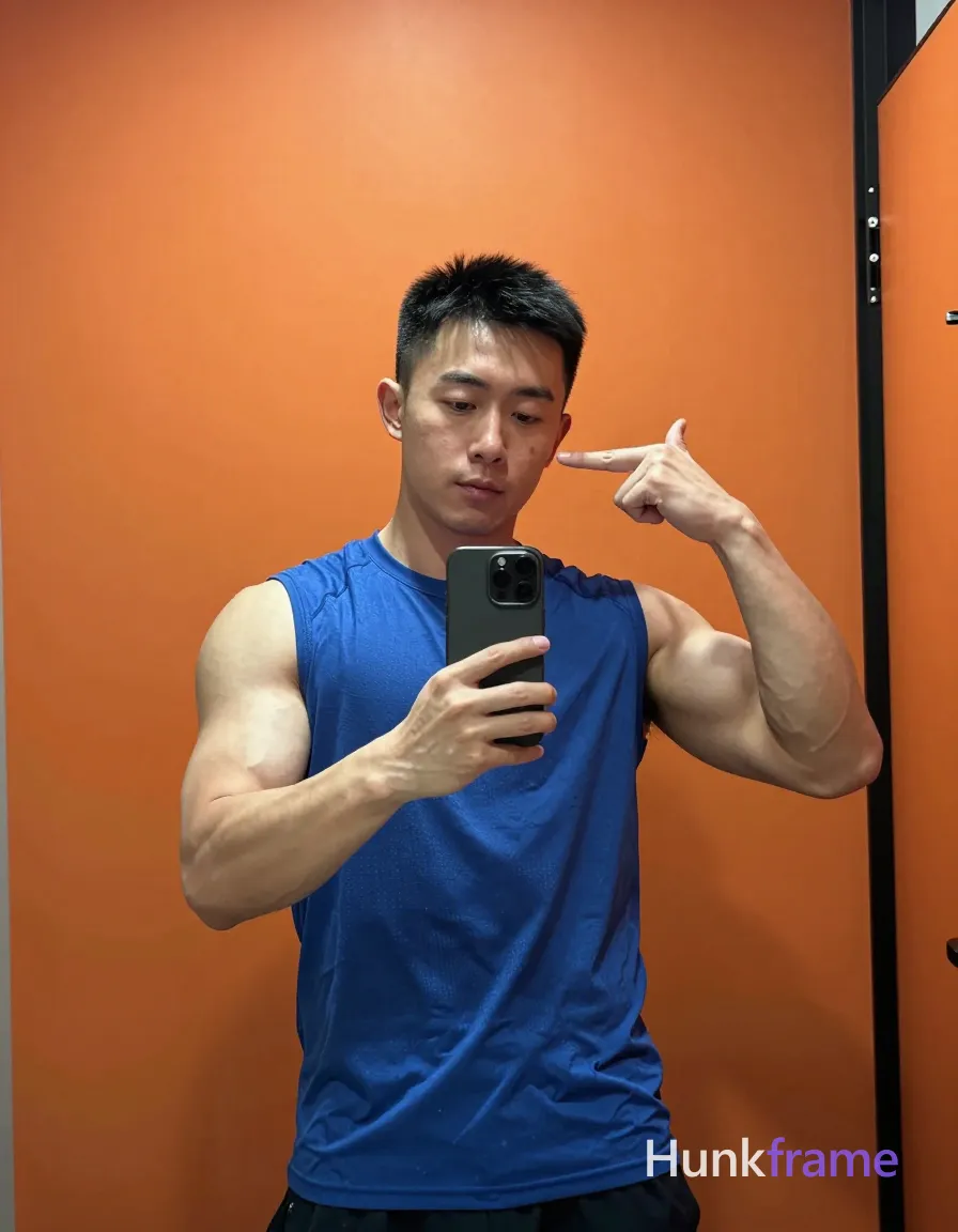 Asian man with short black hair and clean-shaven face, standing facing a bathroom mirror; He wears a blue sleeveless athletic shirt covering his torso and shoulders, revealing very muscular biceps and triceps; His right hand holds a smartphone at chest level to take the photo while his left hand makes an open-fingered gesture near his cheek; The composition is vertical portrait 13:19 with head-to-waist framing; he occupies center-left of the frame against a solid orange wall, partially cut off by the mirror edge on the right; Soft frontal lighting emphasizes muscle definition; single clean uninterrupted photograph with a cohesive editorial composition and plain continuous surrounding surfaces