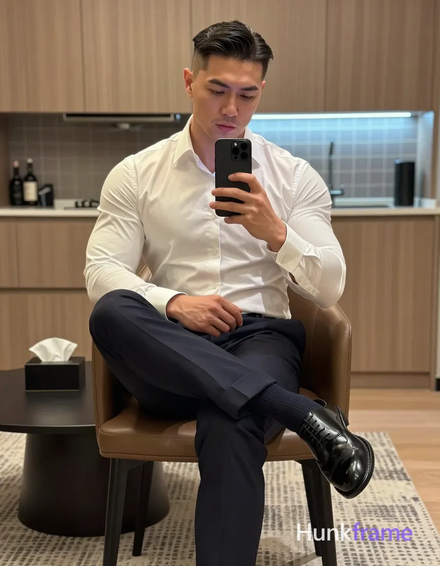 Adult man, slim build with bear energy confidence, short dark brown/black side-parted slick-back hair, clean-shaven face with neutral pensive expression; Seated on a brown leather chair right leg crossed over left knee, torso angled toward mirror holding black smartphone in right hand for selfie capture, left hand resting near shirt cuff; Wearing white long-sleeve dress shirt with French cuffs and buttoned collar, dark navy tailored trousers cuffed at ankles, black patent leather lace-up oxford shoes, dark navy socks visible above shoe line; Modern interior room featuring light wood cabinetry, patterned rug under chair, low oval coffee table with tissue box, tiled backsplash behind subject suggesting kitchen or bar area; Soft ambient indoor lighting mixed with cool-toned backlight from illuminated tile grid in background; Muscle bear aesthetic emphasizing rugged warm confidence and broad shoulders within tailored wardrobe, clean lines and structured silhouette, premium menswear photography, vertical portrait orientation 832x1216, shot on iPhone 15 Pro main camera, authentic smartphone computational photography, natural Smart HDR, vertical 9:16 Xiaohongshu lifestyle; single clean uninterrupted photograph with a cohesive editorial composition and plain continuous surrounding surfaces