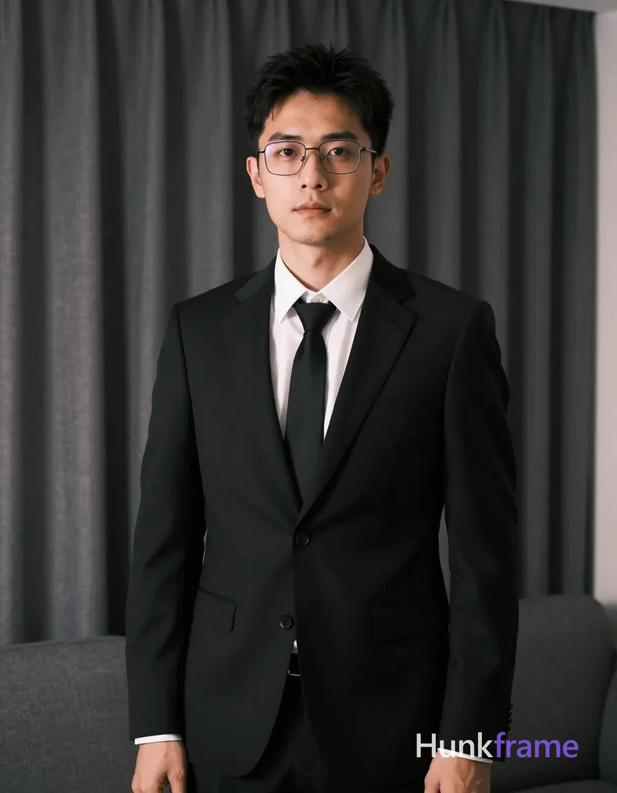 an anonymous figure man with light to medium skin and short textured black hair, wearing rectangular wire-rimmed glasses with thin black frames; Standing in a cozy living room setting near heavy dark gray curtains instead of seated on the sofa; Wearing a single-breasted black suit jacket with notched lapel over a white button-down dress shirt where top two buttons are undone and collar open, paired with a black necktie knotted centered at the collar; Mid-shot waist-up to thighs captured in vertical portrait orientation as if for social media feed; Soft directional lighting from front-left creates subtle shadows on face and suit fabric textures; Shallow depth of field blurs curtain folds for elegance; High contrast between subject and background, fine-art photography aesthetic with sophisticated mood; The adult man visibly wears rectangular wire-rimmed glasses with thin black frames; clear lenses; worn on face covering both eyes on his face; preserve the exact frame shape, rim style, color, material, and lens tint, same aesthetic theme and photo feel as; single clean uninterrupted photograph with a cohesive editorial composition and plain continuous surrounding surfaces