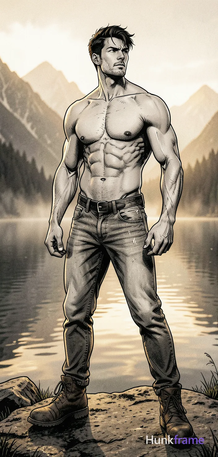 full body standing pose, sharp inked linework screentone shading dynamic action stance handsome masculine adult man, manga style black and white duotone comic panel illustration, wide environmental framing natural light male nude editorial photography in photoreal fine-art style aesthetic fusion, dramatic composition highlighting muscular form with shallow depth of field separating subject against scenic mountain lake backdrop golden hour lighting reflecting on water surface warm earth tones balanced by neutral skin tones shadowed musculature creating romantic artistic atmosphere thick thighs visible rugged boots worn weathered jeans fabric texture natural grainy film look imperfect hair asymmetric expression confident gaze atmospheric mist soft focus edges cinematic 85mm lens composition