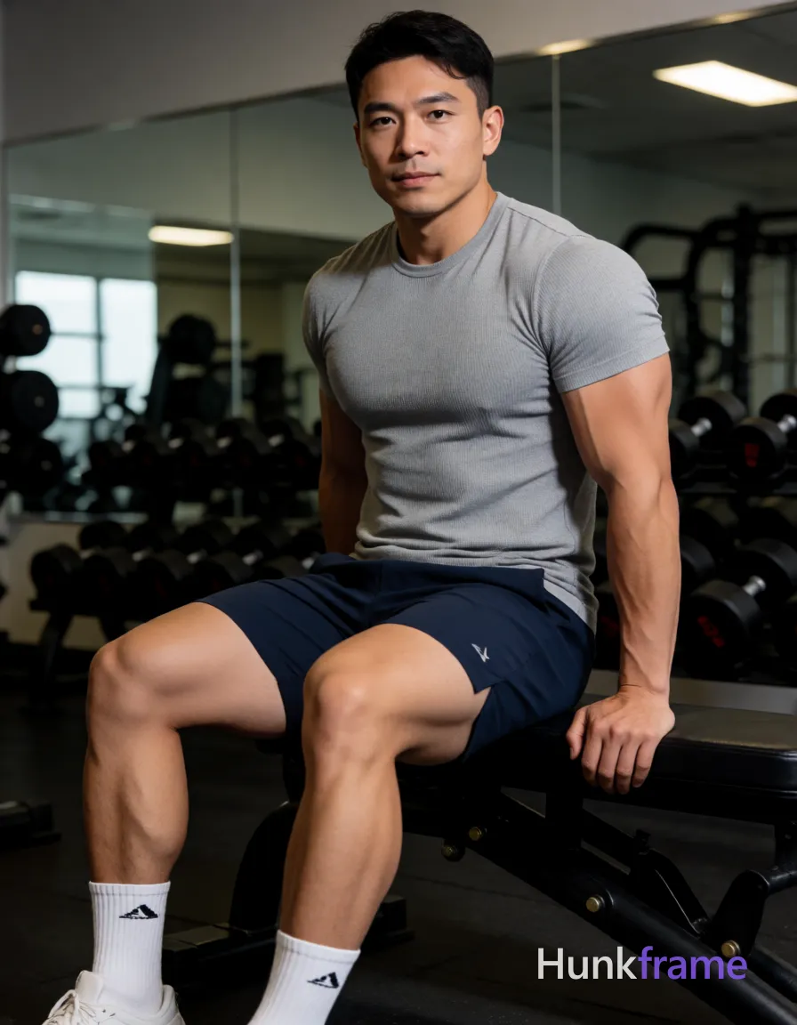 Photograph of exactly 1 adult man. Man 1: Asian or mixed heritage, light to medium tan, oval with defined jawline, short dark hair, slightly longer on top and shorter sides, worn under a cap, clean-shaven. Man 1 has fully exposed eyes, eyebrows, temples and nose bridge. Broad shoulders with defined pectorals, visible abdominal definition. Seated sideways on a black gym bench gripping the edge behind him. Grey fitted ribbed t-shirt, navy mid-thigh shorts, white branded socks. Vertical portrait full-body shot from head to feet with slight angle. Gym interior featuring dumbbell racks, mirrored walls reflecting light. Soft directional overhead lighting creating subtle shadows on the torso. High-resolution fitness photography with shallow depth of field blurring weights
