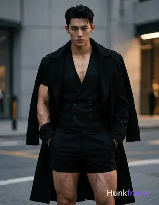 A handsome Asian man standing with hands in pockets and torso slightly leaned forward. He is shirtle