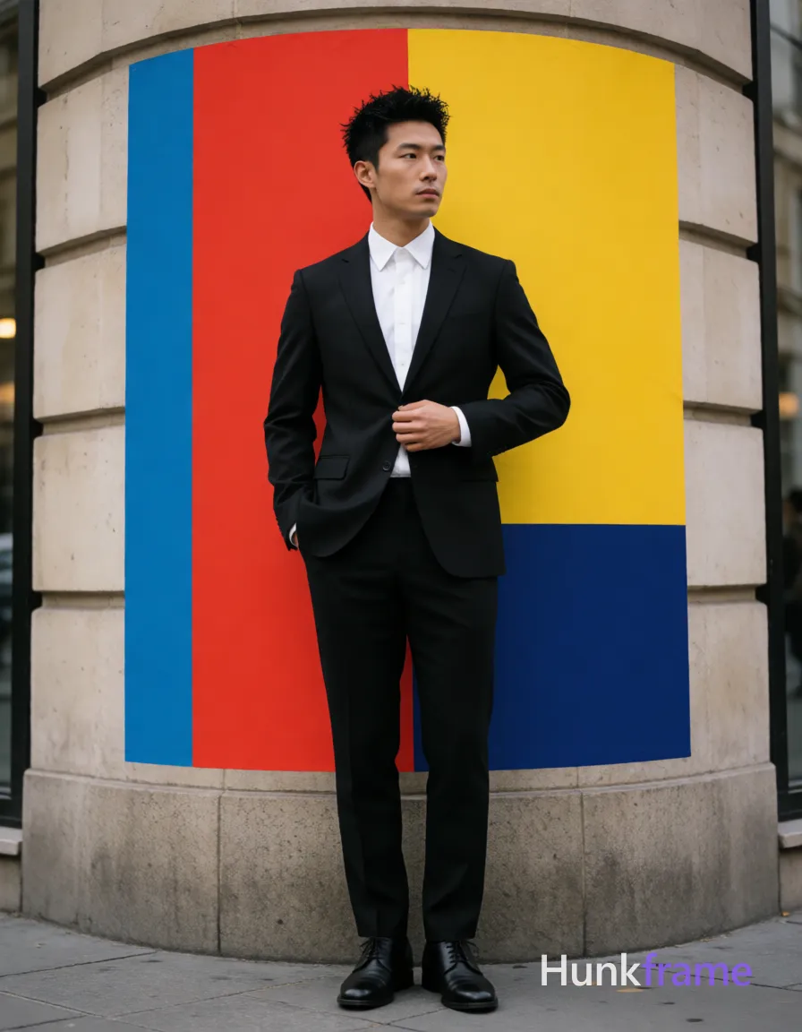 Asian man with short textured black hair styled upward and back, clean-shaven face, neutral composed gaze directed away from camera; He stands upright against a curved stone building in an outdoor urban daylight setting, left hand deep in pants pocket, right hand adjusting the button on his white collared dress shirt near waistline while wearing a tailored black two-piece suit with top buttons undone at neck revealing collarbone and chest shadowing; Full-body shot from head to shoes centered vertically occupying central third of frame horizontally; Bold flat-color poster wall-art graphic design high-contrast color blocking clean vector line no text fine-art photography aesthetic fashion editorial composition, same aesthetic theme and photo feel as the reference but a different man in a different pose with distinct body proportions, Mixed Afro-Latin man, caramel skin, locs, long limbs dancer posture; single clean uninterrupted photograph with a cohesive editorial composition and plain continuous surrounding surfaces