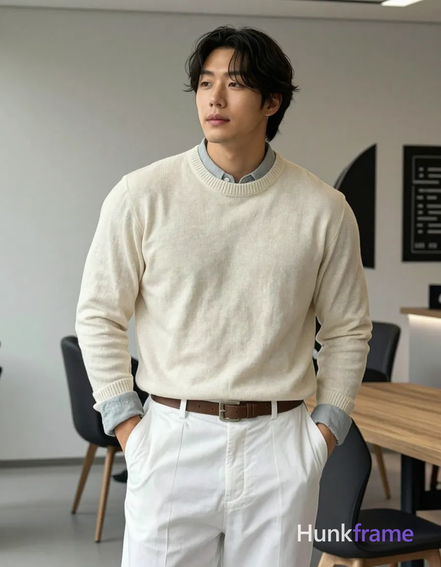 Korean adult man with fair to light tan skin and sun-kissed highlights, black medium-length layered hair side-swept over forehead, clean-shaven face with faint stubble on jawline; Standing upright in relaxed posture hands inserted into front pockets of white tailored trousers secured by brown leather belt; Wearing off-white cream-colored crewneck sweater made from fine-knit fabric covering torso completely collar slightly turned down revealing inner layer light gray collared shirt underneath visible cuffs peeking out sleeves neckline, shot on iPhone 15 Pro main camera, authentic smartphone computational photography, natural Smart HDR, vertical 9:16 Xiaohongshu lifestyle post, bright clean gym or cafe scene, wardrobe matching reference outfit, confident everyday blogger pose, phone photo with natural grain; single clean uninterrupted photograph with a cohesive editorial composition and plain continuous surrounding surfaces