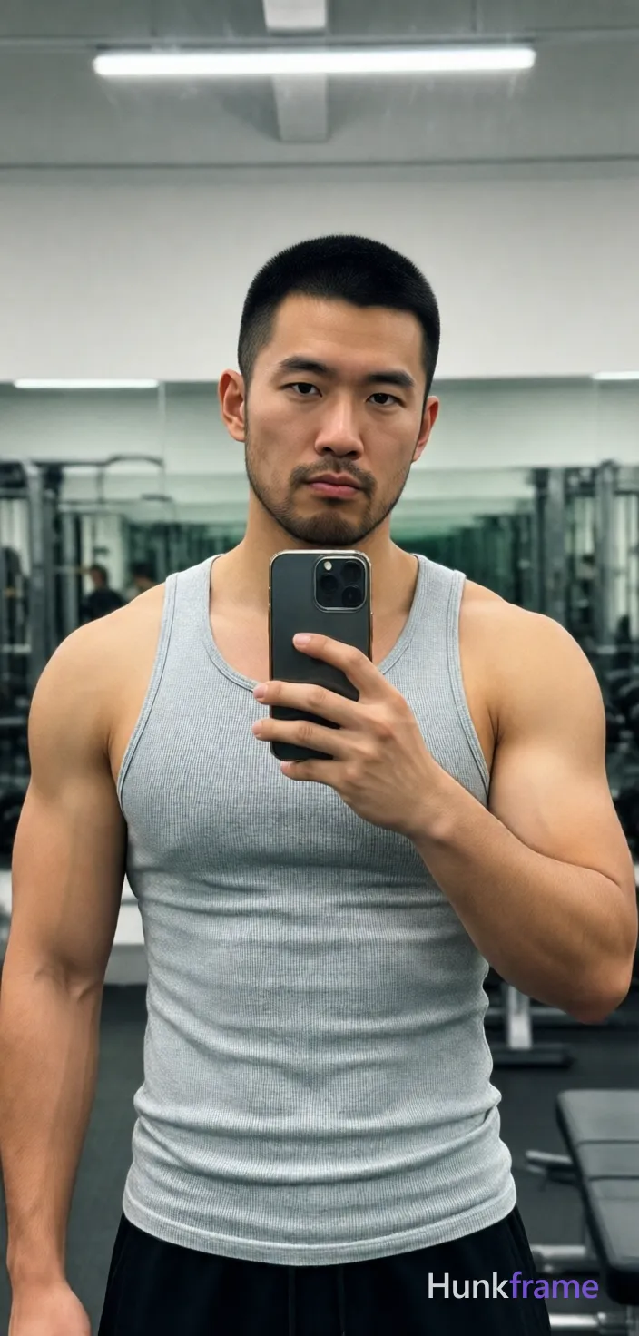 Asian man with short black buzz cut and light stubble stands facing a gym mirror, holding phone for selfie; He wears a tight light grey ribbed cotton tank top covering his torso completely, displaying broad shoulders, defined deltoids, visible biceps, triceps, and tight abdominal definition; Neutral expression with slight pout, focused gaze at screen; Portrait framing from mid-thigh up in clean uncluttered background emphasizing physique under bright overhead fluorescent lighting, shot on iPhone 15 Pro main camera, authentic smartphone computational photography, natural Smart HDR, vertical 9:16 Xiaohongshu lifestyle post, bright clean gym or cafe scene, wardrobe matching reference outfit, confident everyday blogger pose, phone photo with natural grain, phone held naturally in one hand for selfie, phone visible in frame; single clean uninterrupted photograph with a cohesive editorial composition and plain continuous surrounding surfaces