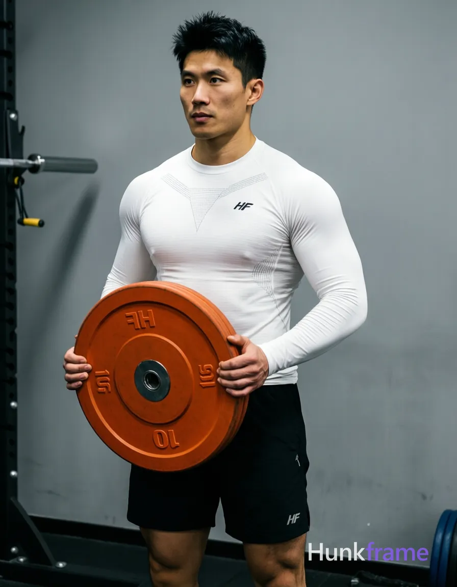 Asian man with light-medium skin, short black textured hair and clean-shaven face in a gym setting; He stands upright holding an orange 10kg HF weight plate at waist level with both hands, torso straight and shoulders engaged against a gray wall background; Wearing white long-sleeve compression top with subtle chest paneling and small left logo, black athletic shorts ending mid-thigh with small right leg logo; Sharp focus on lean muscular physique from slightly elevated angle; soft directional front-left lighting creates sculpted shadows; Premium fashion-editorial aesthetic, dramatic mood; FULL GARMENT TEXT REPLACEMENT: remove every source garment word, sentence, slogan, logo, and partial brand spelling from every existing print area, then replace those source marks with only the wordmark, spelled exactly "HF"; This is replacement, Repeated "HF" marks are allowed only where the source garment already had printed text; preserve appropriate placement, typography, color, and scale; No other visible text, logo, caption, username, hashtag, comment, watermark, or UI chrome, same aesthetic theme and photo feel as the reference; single clean uninterrupted photograph with a cohesive editorial composition and plain continuous surrounding surfaces