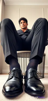 Polished anime style rendering of an adult man seated with legs extended forward, feet resting on a 
