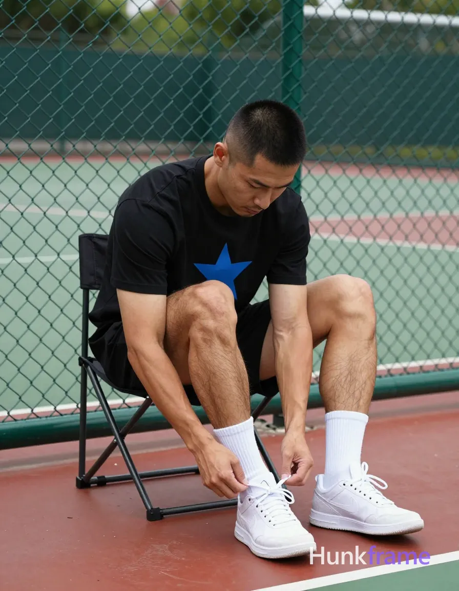 an anonymous figure man with light to medium tan skin and short black buzz cut sits on a folding chair against a green chain-link fence, pulling up white crew socks while wearing a black t-shirt with blue star graphic; His physique features thick quadriceps and calves defined by natural daylight; Documentary realism captures the mid-action of adjusting footwear in an outdoor court setting with red/green surface details; single clean uninterrupted photograph with a cohesive editorial composition and plain continuous surrounding surfaces
