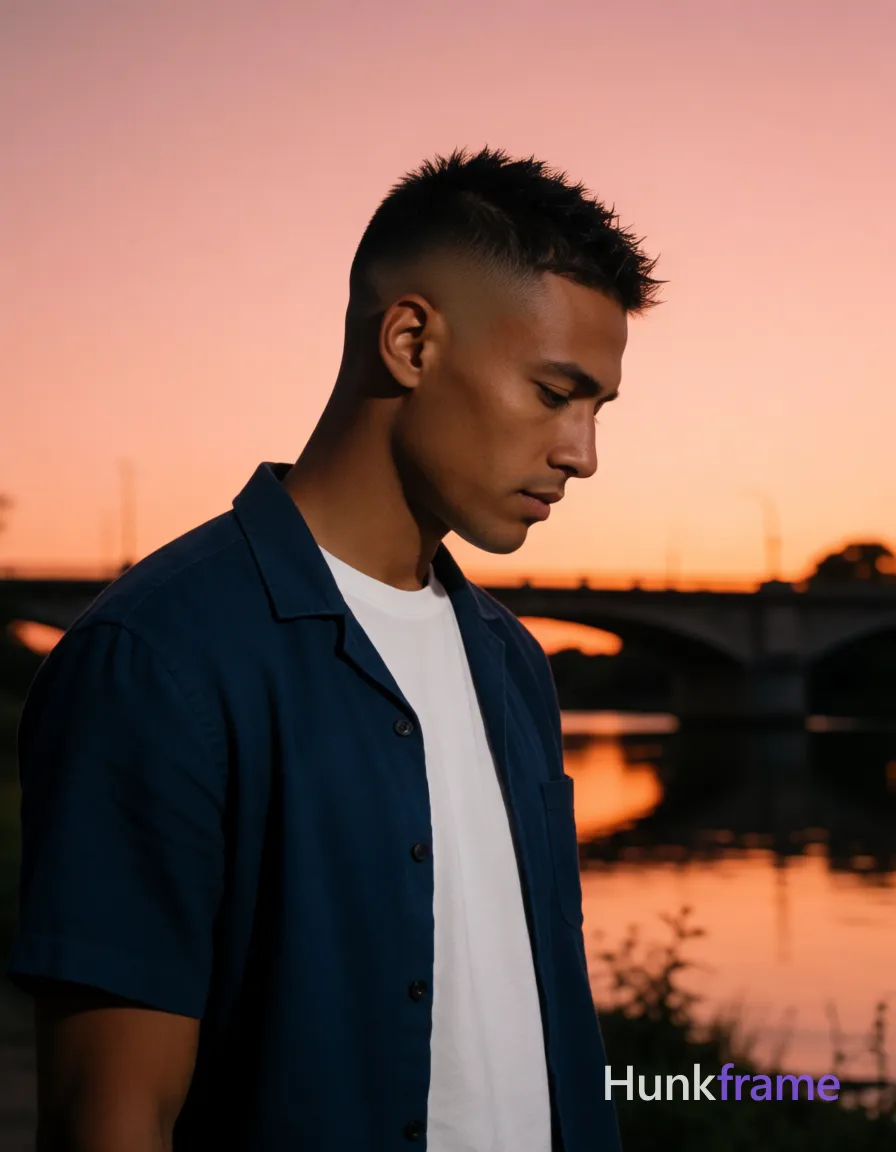 an anonymous figure man with medium tan skin and warm undertones stands in profile facing right, head tilted slightly down; He wears a short buzz cut fade on sides and back with textured spiky top dark brown hair and light stubble along jawline and upper lip; Dressed in a dark blue short-sleeved button-up shirt worn open over a white crew-neck t-shirt, artistic partial nude adult lean build physique defined anatomy confident strength; Outdoors at sunset near river with bridge background, dramatic silhouette against warm orange-pink sky gradient; Fine-art photography aesthetic cinematic color grading deep blues white and silhouetted reflections melancholic romantic mood portrait left foreground cropped from waist up 13:19 aspect ratio; single clean uninterrupted photograph with a cohesive editorial composition and plain continuous surrounding surfaces