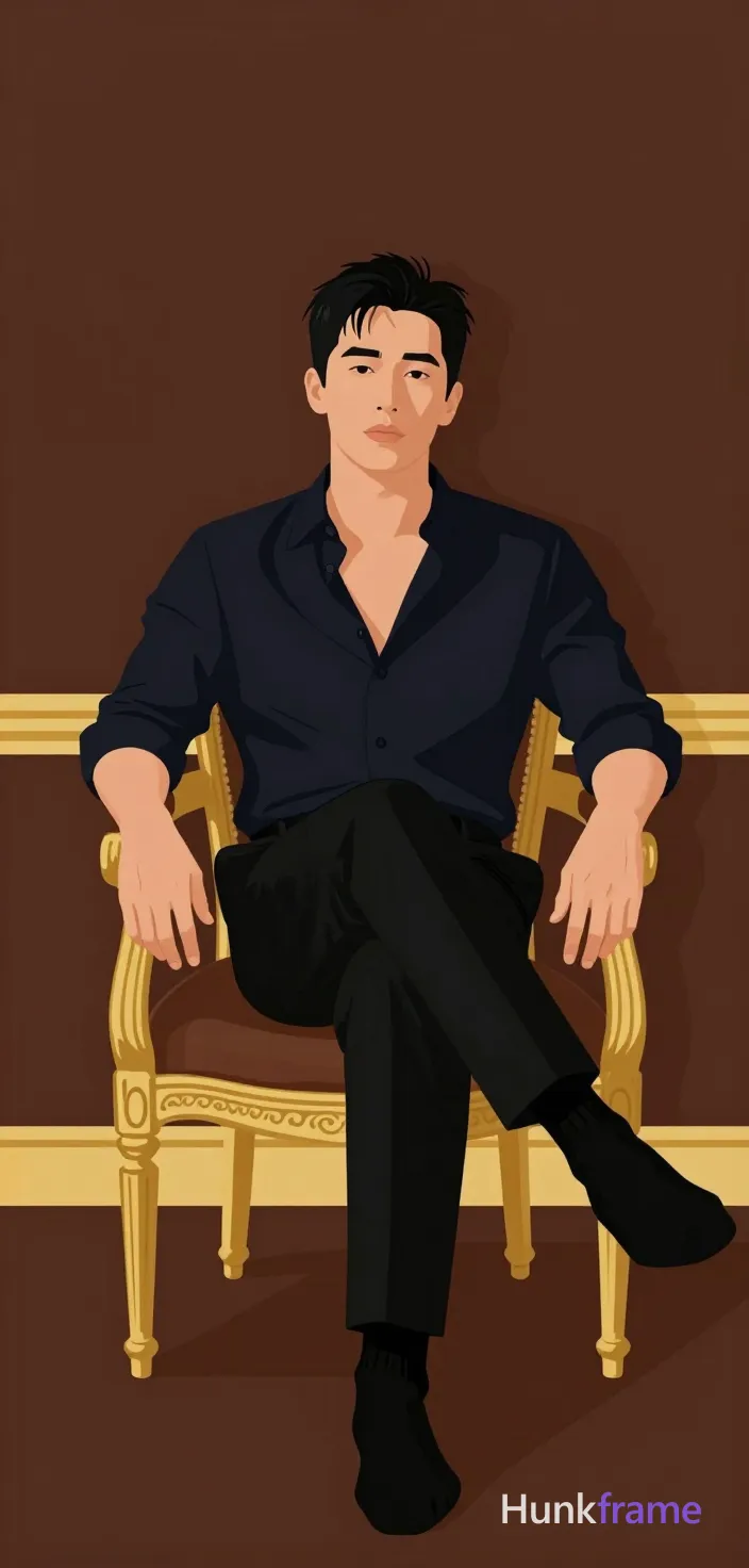 Bold flat-color wall art graphic of an adult man with medium-dark skin and short dark textured hair seated centrally in a full-body shot on an ornate chair. He wears a dark navy button-down unbuttoned to the mid-chest revealing pectorals, black tailored dress pants, and black ribbed socks pulled up to mid-calf without shoes. His legs are crossed at ankles with left over right under high contrast lighting that creates clean color blocking between deep brown walls, gold accents, and his dark navy shirt., same aesthetic theme and photo feel as the reference but a different man in a different pose with distinct body proportions, lean Korean man, sharp jaw, monolid eyes, slim swimmer build, natural black hair, a single uninterrupted photograph only, no written words or typography anywhere in frame, no captions, no app UI, no social-media post layout, no screenshot borders