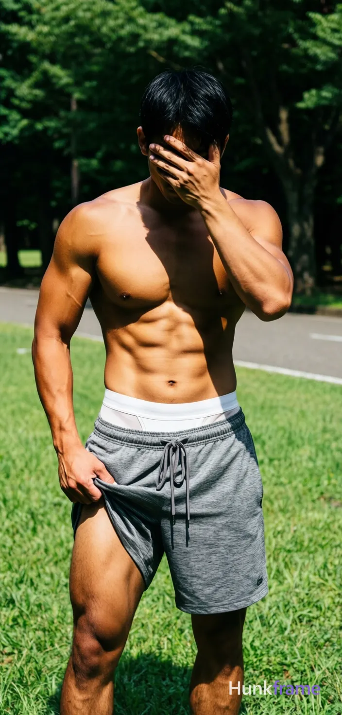 Asian man with tanned skin and short black hair stands centered on green grass, left hand lifting waistband of grey drawstring athletic shorts to expose white an anonymous figure compression briefs beneath right hand covering face obscuring eyes. Shirtless torso displays defined pectorals and six-pack abs under high contrast natural daylight. Full body shot from thighs up in vertical portrait orientation with trees and paved path background. Muscle bear photography lighting emphasizes sculpted musculature, green grey palette, confident mood., same aesthetic theme and photo feel as the reference but a different man in a different pose with distinct body proportions, Japanese man, soft masculine features, straight black hair, slim dancer build, a single uninterrupted photograph only, no written words or typography anywhere in frame, no captions, no app UI, no social-media post layout, no screenshot borders
