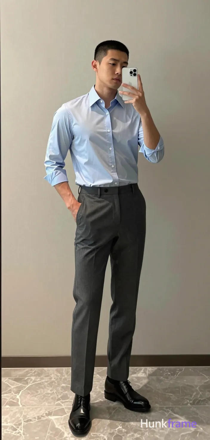 Korean man with light-medium skin and short buzz cut stands upright facing a full-length mirror in an interior room; He wears a light blue button-down dress shirt with rolled cuffs, dark grey pleated trousers with a visible belt, and black leather dress shoes; His left hand is inserted into the front pants pocket while his right arm raises a white smartphone to capture a mirror selfie; The lean build occupies majority vertical space in the reflection; Soft ambient indoor lighting illuminates clean lines and neutral tones within marble flooring; Polished minimalist mood with dramatic fashion-editorial direction; single clean uninterrupted photograph with a cohesive editorial composition and plain continuous surrounding surfaces
