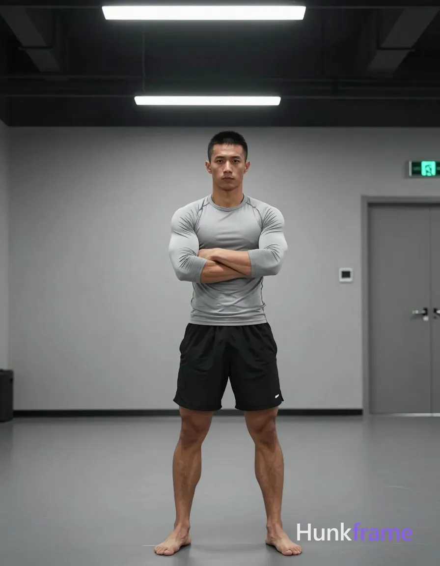 an anonymous figure man with light-medium skin and short black buzz cut stands upright facing forward, arms crossed tightly over chest showing defined pectorals and abdominal definition; He wears a fitted light gray long-sleeve compression-style athletic shirt revealing muscle structure paired with black athletic shorts ending mid-thigh; The setting is an indoor gym or fitness facility with plain gray walls, dark ceiling beams, fluorescent lighting fixtures overhead, and a green emergency exit sign mounted above the door on the right side of frame; Overhead artificial fluorescent lights create even illumination across his body with soft shadows under arms and along torso contours indicating directional light source from above; Full-body shot including feet, torso, upper legs down to knees centered horizontally and vertically within 13:19 vertical portrait orientation occupying approximately 60% of vertical height from floor to ceiling line visible above head; Clean composition minimalist aesthetic fitness-oriented photography style naturalistic lighting without heavy post-processing effects confident athletic focused masculine mood; FULL TEXT REPLACEMENT: remove every original source; single clean uninterrupted photograph with a cohesive editorial composition and plain continuous surrounding surfaces