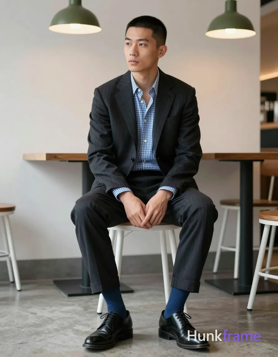 an anonymous figure man with short black buzz cut and clean-shaven face, seated upright on a white stool in modern café interior; He wears an open dark pinstripe suit jacket over a blue-and-white checkered button-down shirt with top two buttons undone, matching trousers cuffed to reveal medium-blue crew socks and black leather brogue shoes; Hands clasped between knees, feet flat on floor with slight outward angle of legs; Natural ambient light from right casts soft shadows across face and charcoal suit against olive-green pendant lights; shallow depth of field keeps focus on seated figure; Clean lines, high contrast, sophisticated minimalist mood; single clean uninterrupted photograph with a cohesive editorial composition and plain continuous surrounding surfaces