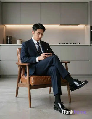 Asian man with short black straight hair, neat side part, clean-shaven face and 